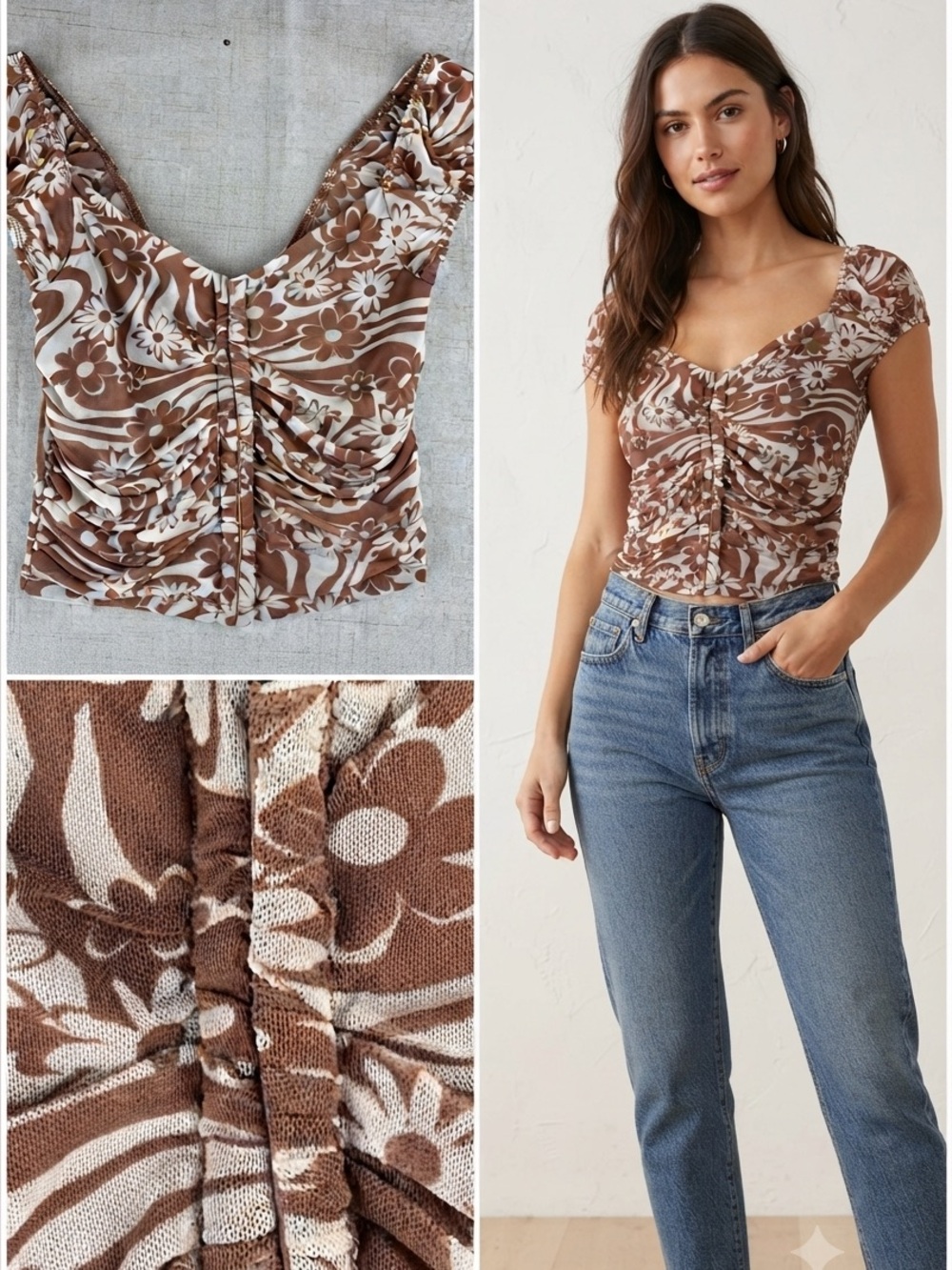 Almost Famous Womens Juniors S Brown Ivory Daisy Cropped Shirt Ruched Mesh Fairy